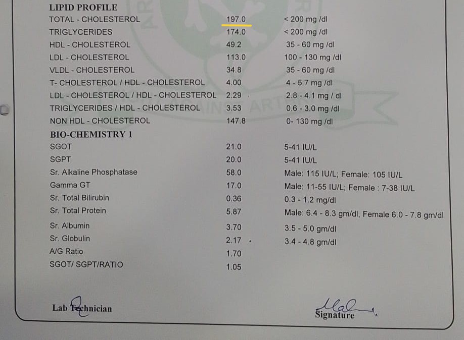 After lipid profile report showing total cholesterol at 197 mg/dL, LDL at 113, and all lipid markers within or near normal range