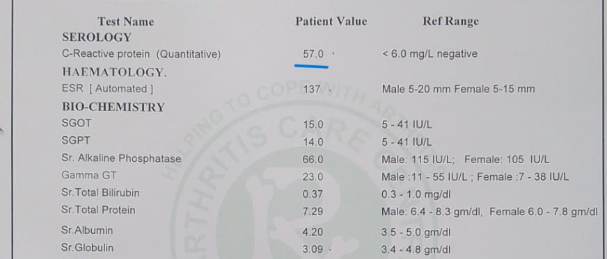 Lalitha's baseline report showing CRP at 57 mg/L (reference <6), ESR at 137 mm, and SGOT/SGPT within range. Top of full lab panel on arthritis-specialist lab stationery.
