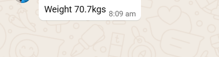 WhatsApp message confirming Lalitha's weight at 70.7 kg