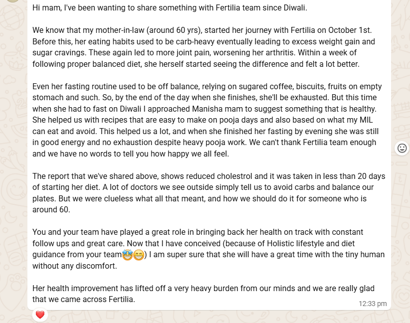 Full WhatsApp testimonial from Lalitha's daughter-in-law describing the transformation, the Diwali fasting story, and gratitude to the team
