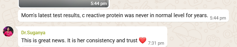 WhatsApp message from Lalitha's daughter-in-law sharing her latest test results, with Dr. Suganya's reply acknowledging Lalitha's consistency and trust