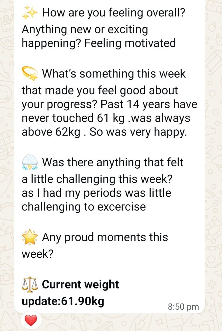 Raagini's weekly check-in noting she had gone under 61 kg