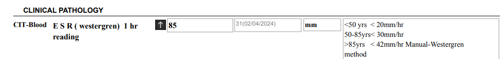Lab report showing ESR Westergren method at 85 mm/hr, with reference range under 30 mm/hr for the 50-85 years age band