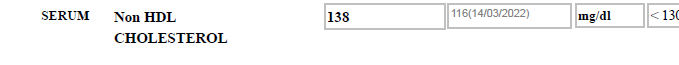Lab report showing serum non-HDL cholesterol at 138 mg/dL