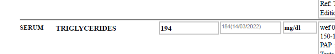 Lab report showing serum triglycerides at 194 mg/dL