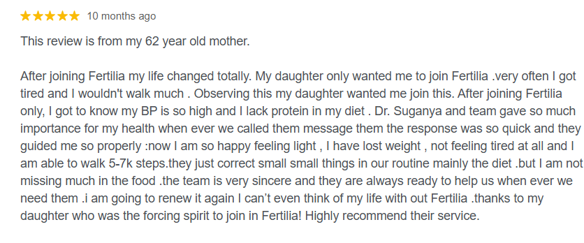 Five-star Google review left by my daughter, describing the changes she had observed in me, including discovering my high BP, the protein gap in my diet, my weight loss, the walking, and her gratitude to the team. The review reads in part: "now I am so happy feeling light, I have lost weight, not feeling tired at all and I am able to walk 5-7k steps... thanks to my daughter who was the forcing spirit to join."