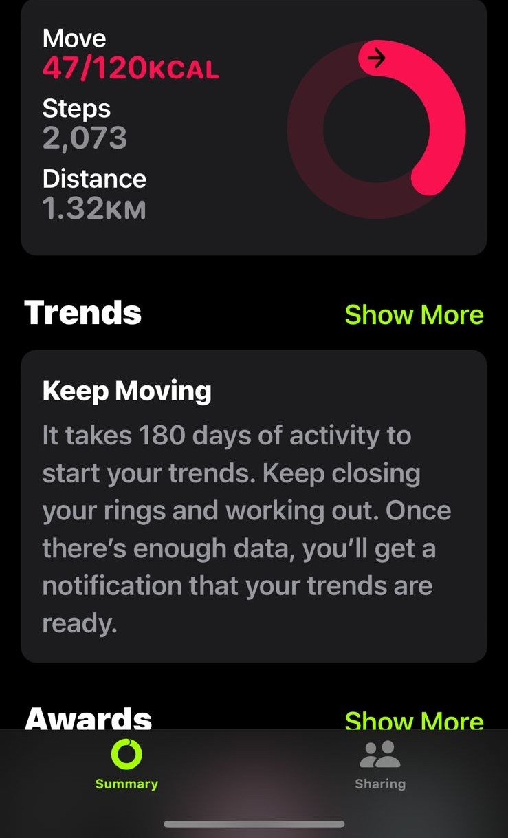 Apple Health summary showing 2,073 steps, an early week in the program